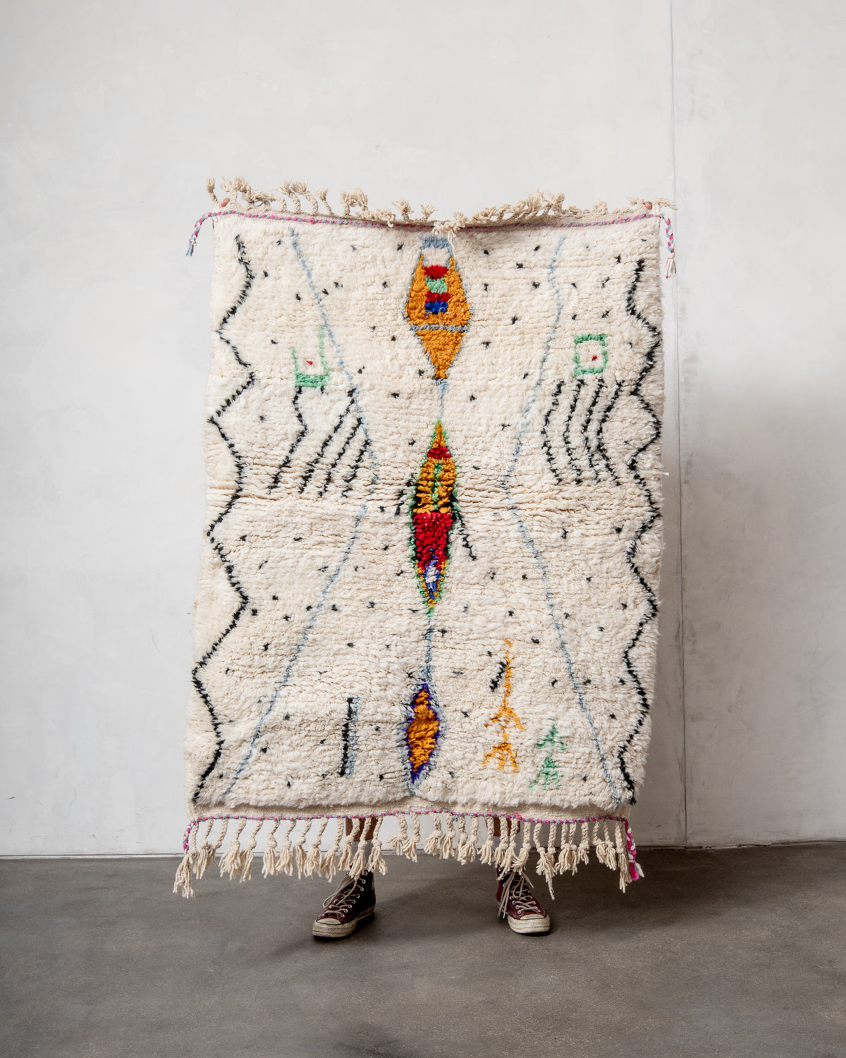 Modern, designer, handcrafted Berber rug from Morocco. Beniourain carpet with beautiful colours and patterns and fluffy wool texture.